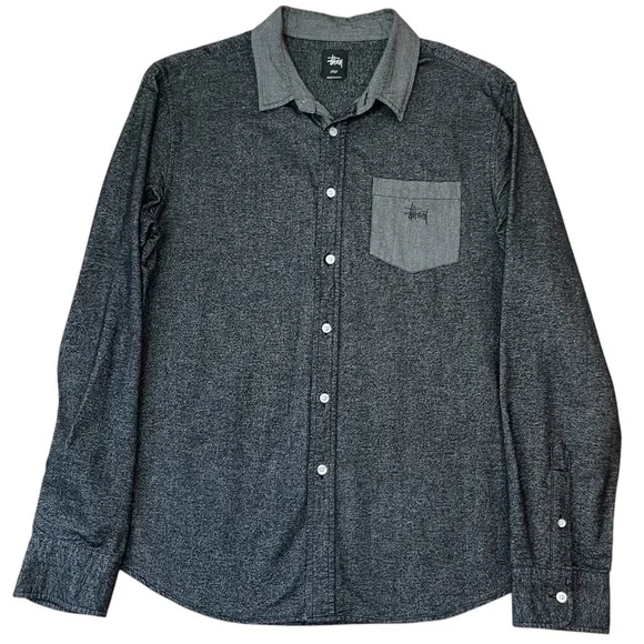 Stussy Men's Button Front Long Sleeve Textured Cotton Skater Shirt Size Large